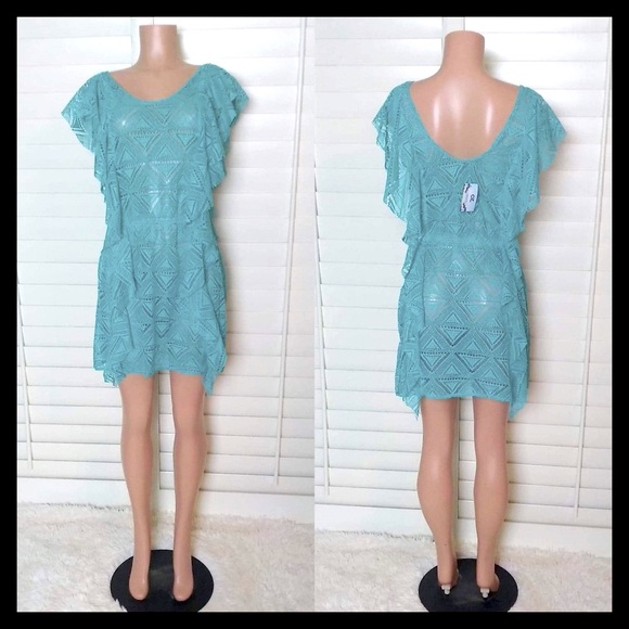 Summer Crochet Swimsuit Coverup Beach Dress Color: Teal - Picture 4 of 6